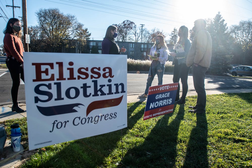 US Representative Elissa Slotkin speaks with volunteers at the Hannah Community Center in East Lansing, MI to talk to voters on Nov. 3, 2020. This was the tenth polling location she visited today.