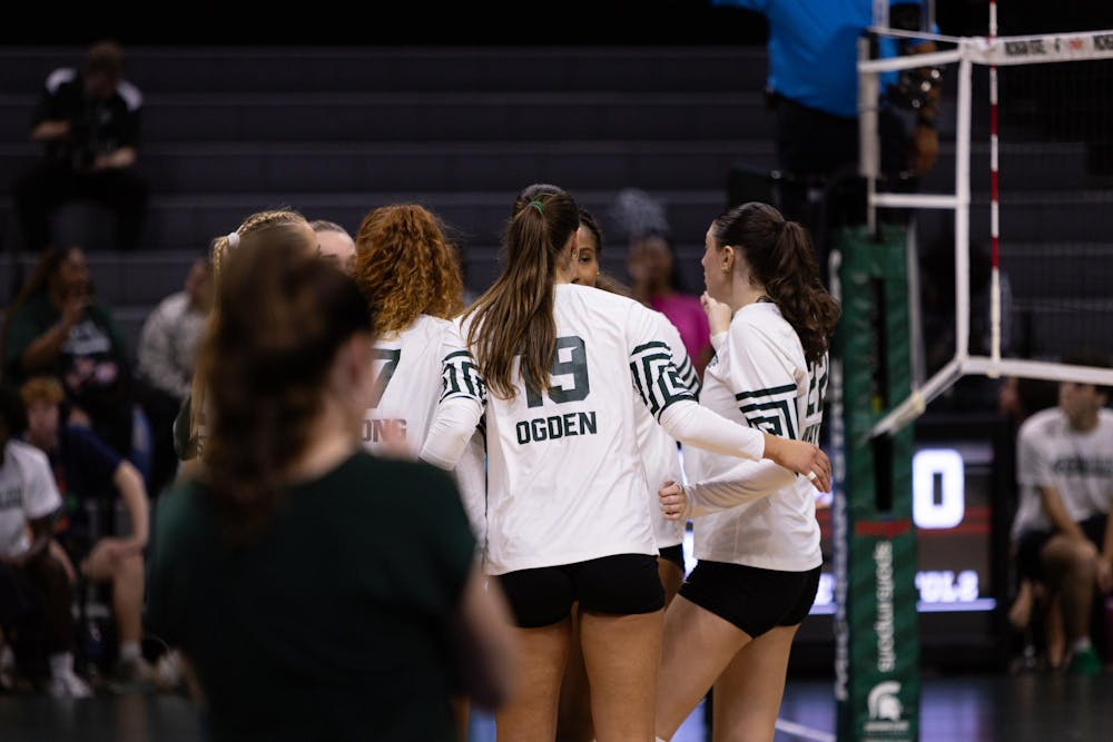 Michigan State celebrates a point during the Michigan State vs Western Michigan volleyball game at the Breslin Center on Tuesday, Sept. 8, 2026.