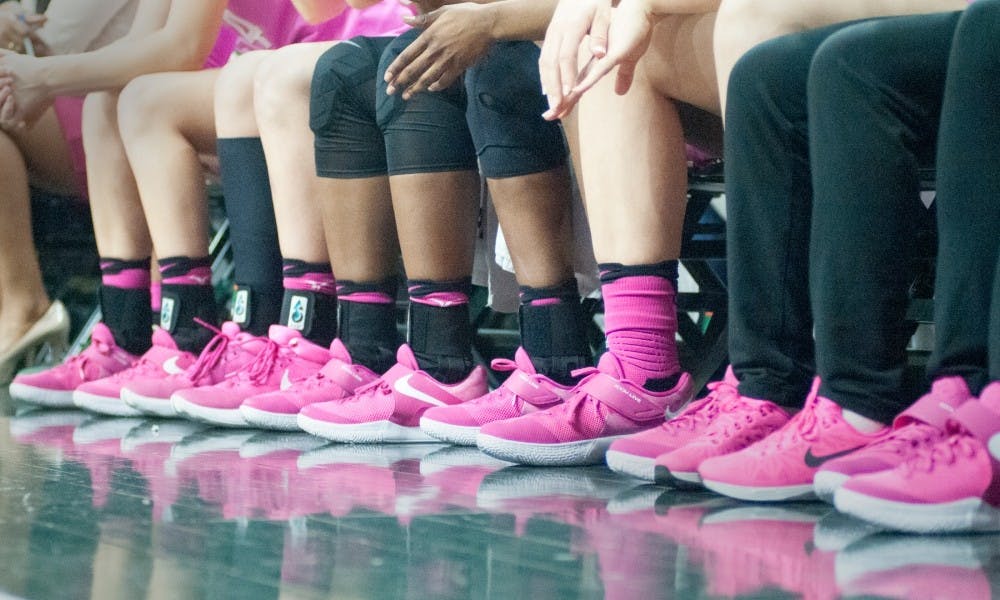 The MSU women's basketball wore pink shoes and jerseys during the game on Feb. 12, 2017 at Breslin Center. Nike is the sponsor for MSU Athletics for its jerseys and apparel.