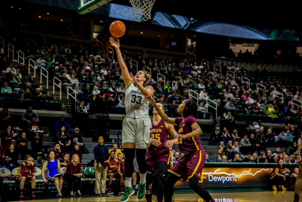 <p>Senior center Jenna Allen (33) goes up for a layup during the first half of the game against Minnesota on Jan. 9, 2019 at Breslin Center. The Spartans lead the Gophers, 43-29 at halftime.</p>