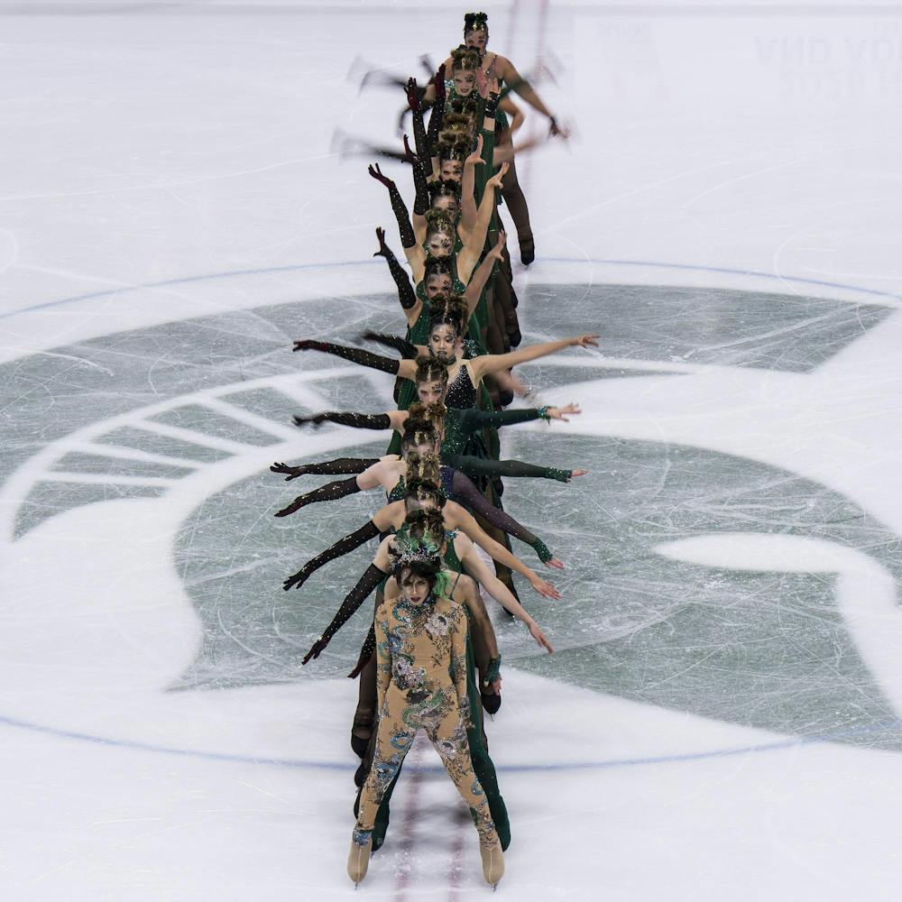 The Harmony Theatre Company competes for the Nations and Gold Cup for the Theater on Ice 2026 competition in the Munn Ice Arena in East Lansing, Mich., on April 26, 2026. 