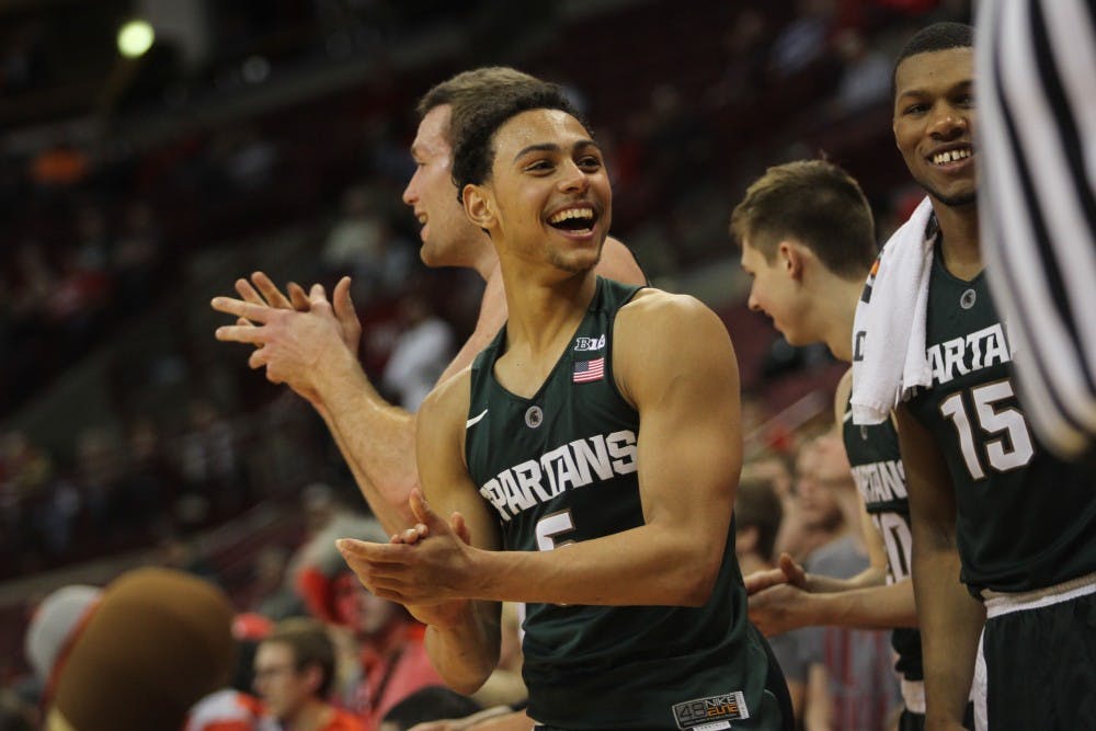 <p>MSU senior guard&nbsp;Bryn Forbes celebrates a play during MSU's 81-62 road victory over the Ohio State Buckeyes on Feb. 23. Forbes finished the game with 27 points. Photo courtesy&nbsp;Samantha Hollingshead | The Lantern</p>