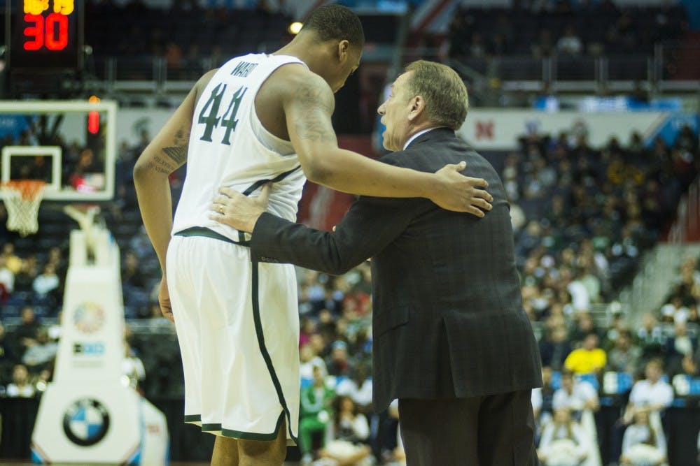 Freshman forward Nick Ward (44) and head coach Tom Izzo talk in the second half of the game against Penn State during the second round of the Big Ten Tournament on March 9, 2017 at Verizon Center in Washington D.C. The Spartans defeated the Nittany Lions, 78-51.