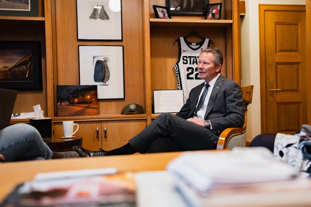 Michigan State president Kevin Guskiewicz sits in his office located in Alice B. Cowles House on campus, on Dec. 3, 2024.