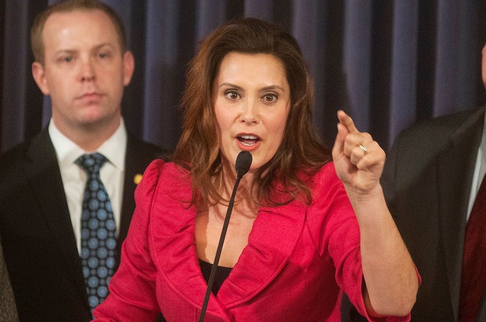 	<p>Senate minority leader Gretchen Whitmer speaks during the Democratic Response following the State of the State address by Gov. Rick Snyder on Jan. 16, 2014, at the State Capitol Building in downtown Lansing. Danyelle Morrow/The State News</p>