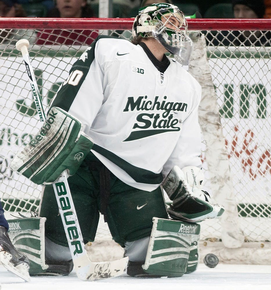 <p>
	Sophomore goaltender Jake Hildebrand reacts after being scored on in the first period of the game against the U.S. National Team Development Program under 18 team on March 1, 2014, at Munn Ice Arena. The Spartans lost to the <span class="caps">USANTDP</span>, 4-3. Danyelle Morrow/The State News</p>