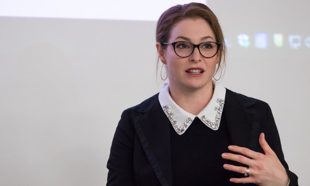 <p>Esmé Bianco speaks at an event put on by the MSU Residence Halls Association at Wilson Hall on Jan. 14, 2019. Bianco, known for her role in Game of Thrones, spoke about the trials women face in the entertainment industry.</p>
