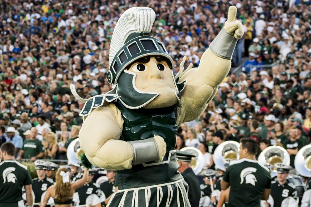 Sparty points to the crowd during the game against Notre Dame on Sept. 17, 2016 at Notre Dame Stadium in South Bend, Ind.  The Spartans defeated the Fighting Irish, 36-28. 