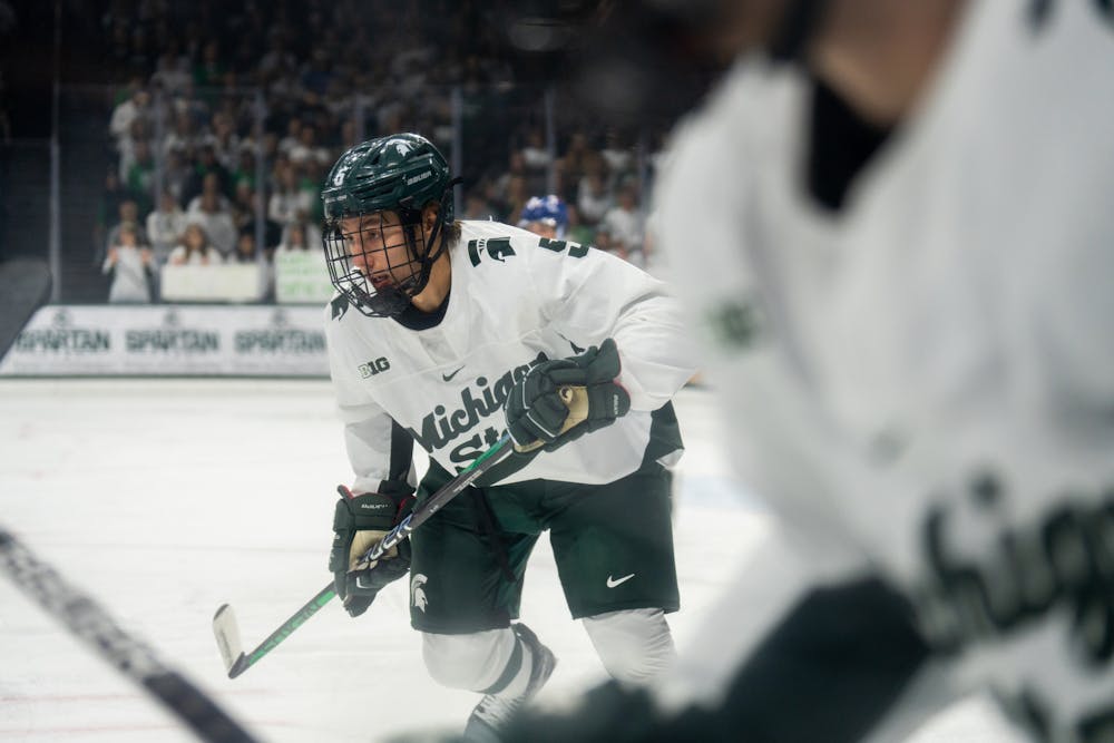 <p>Junior right defense Powell Connor (5) warms up at Munn Ice Arena on Oct. 1, 2022. The Spartans lost to the USNTDP 4-3.</p>