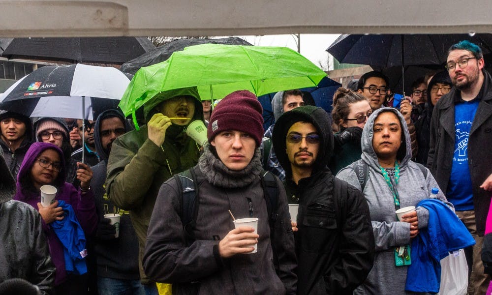 <p>The Graduate Employees Union held a teach-in rally at the Rock on Farm Lane on March 20, 2019.</p>