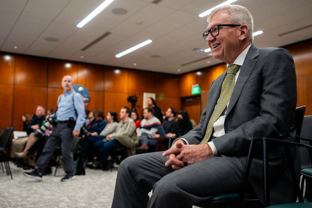 <p>Michigan State University Vice President for Research and Innovation Douglas Gage is honored for his retirement at the MSU Board of Trustees meeting at Hannah Administration Building in East Lansing, Michigan on Friday, Dec. 12, 2025.</p>