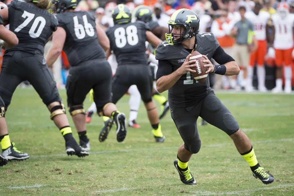 <p>Purdue freshman quarterback David Blough on Sept. 26, 2015 in the game against Bowling Green in West Lafayette, Ind.</p>