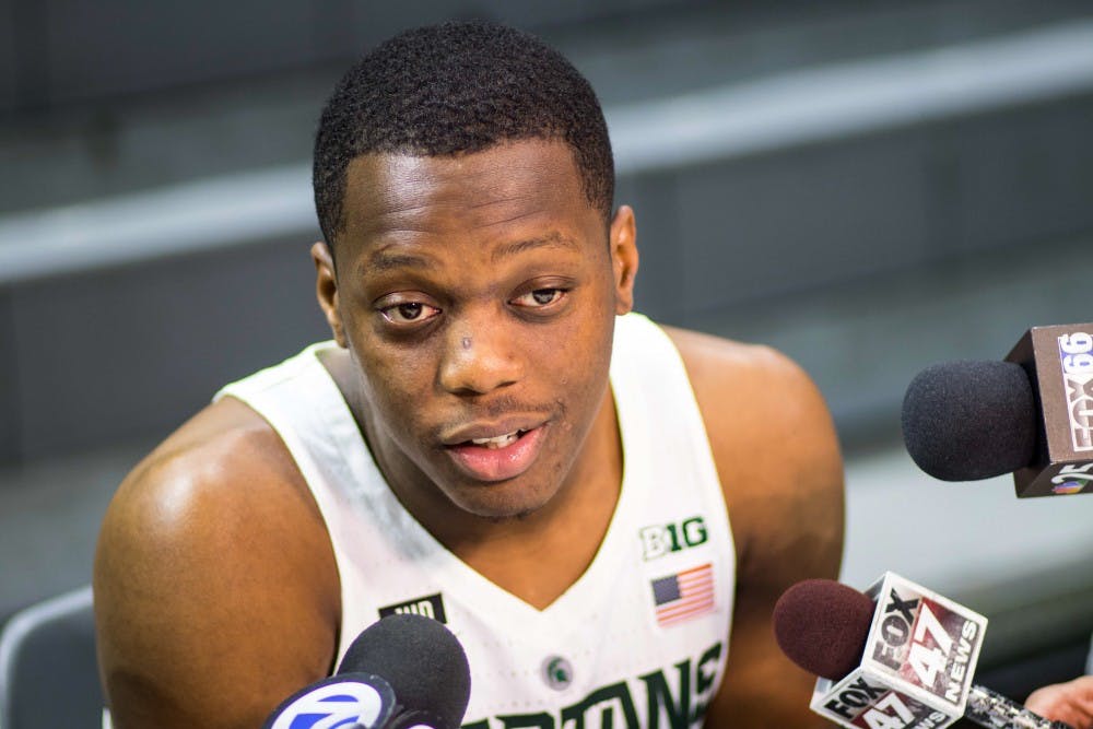 Sophomore guard Cassius Winston talks to the press at media day on Oct 11, 2017, at Breslin Center. Winston is expected to start at point guard this year.