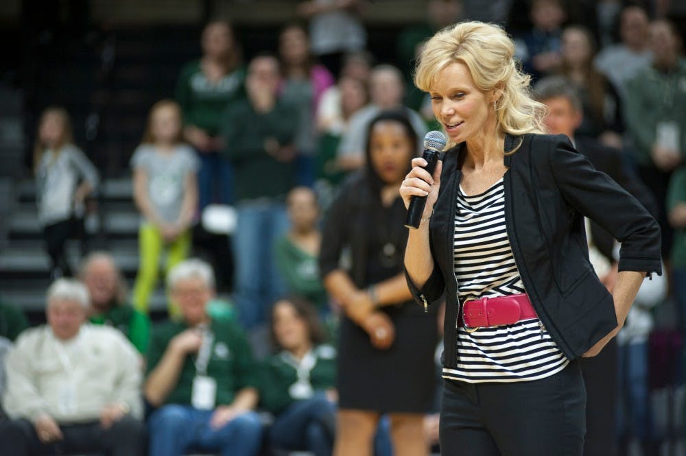 Head coach Suzy Merchant talk about her senior players during the game against Ohio State on Feb. 27, 2016 at Breslin Center. The Spartans defeated the Buckeyes, 107-105 in triple overtime.
