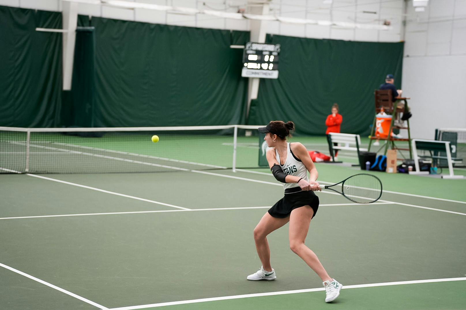<p>Senior Maja Pietrowicz continues the rally against DePaul junior Lanka Antonijevic. Taken on January 30, 2022. Spartans won against<br/>DePaul University, with the final score of 5 - 2.<br/><br/><br/><br/></p>