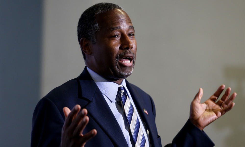 Republican presidential candidate Ben Carson speaks with the media before addressing supporters at the Anaheim Convention Center in Anaheim, Calif., on Wednesday, Sept. 9, 2015. (Allen J. Schaben/Los Angeles Times/TNS)