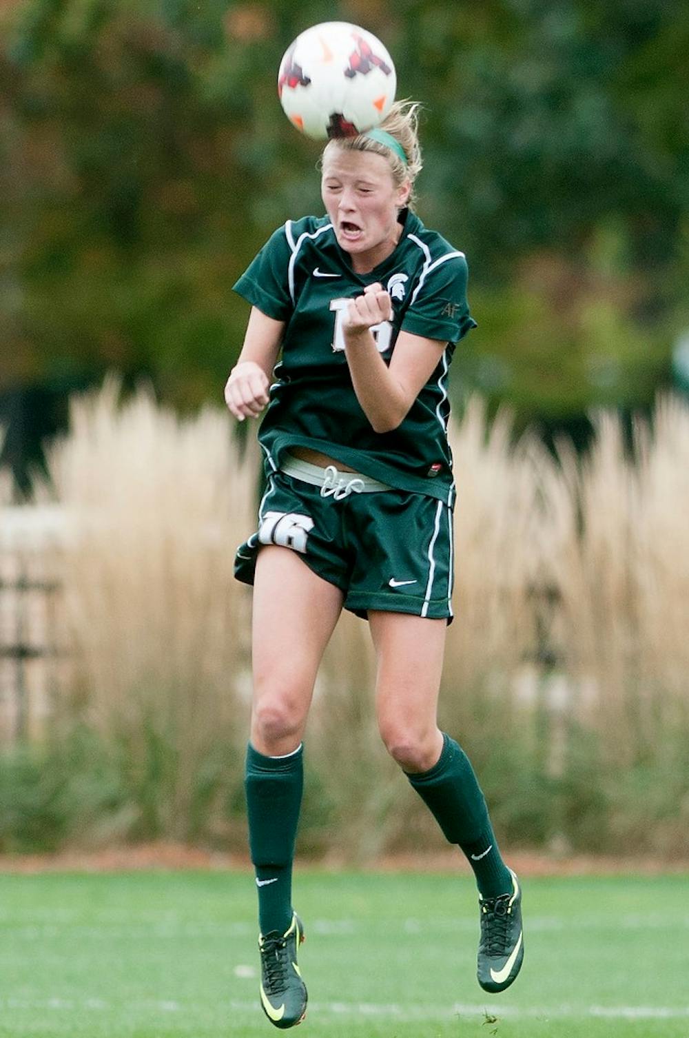 	<p>Freshman defender Jessica Kjellstrom heads the ball during the game against Wisconsin, Sept. 29, 2013, at DeMartin Stadium at Old College Field. <span class="caps">MSU</span> lost to Wisconsin, 2-0. Danyelle Morrow/The State News</p>