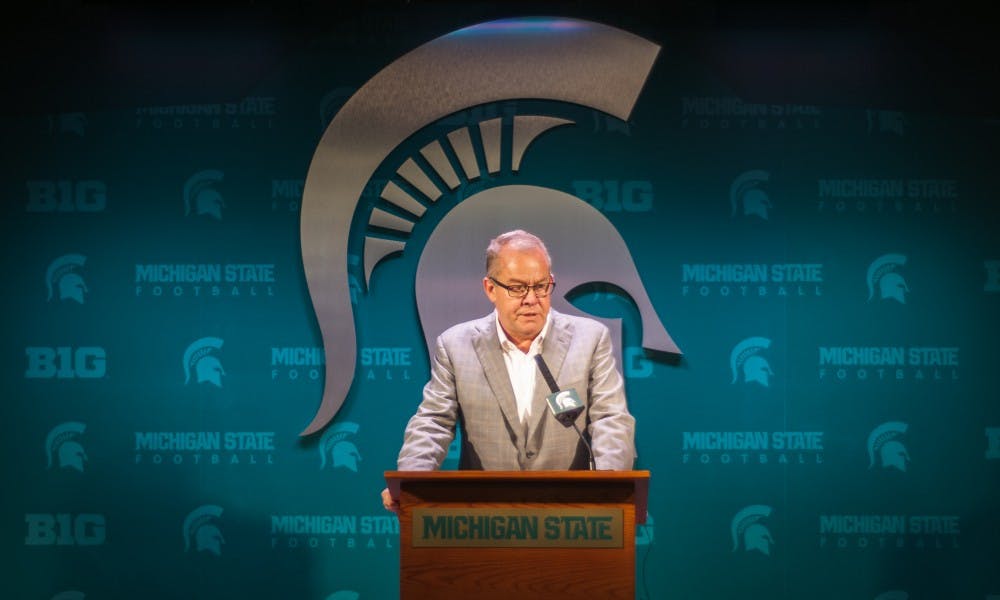 <p>MSU Athletic Director Mark Hollis makes a statement on June 6, 2017 at Spartan Stadium. Hollis and MSU football head coach Mark Dantonio made statements following the dismissal of three MSU football players from the program.</p>