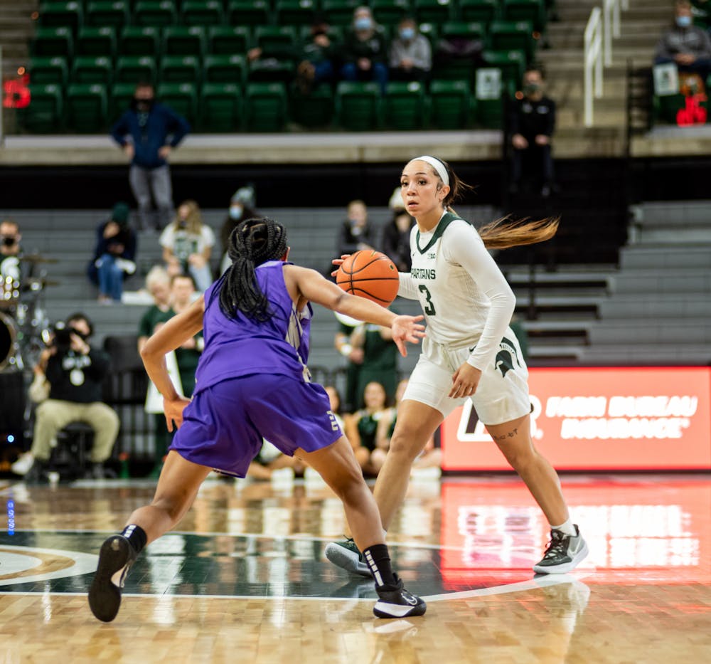 Junior gaurd Alyza Winston (3) is defended by the Niagara Purple Eagles during Michigan State's victory on Nov. 14, 2021.