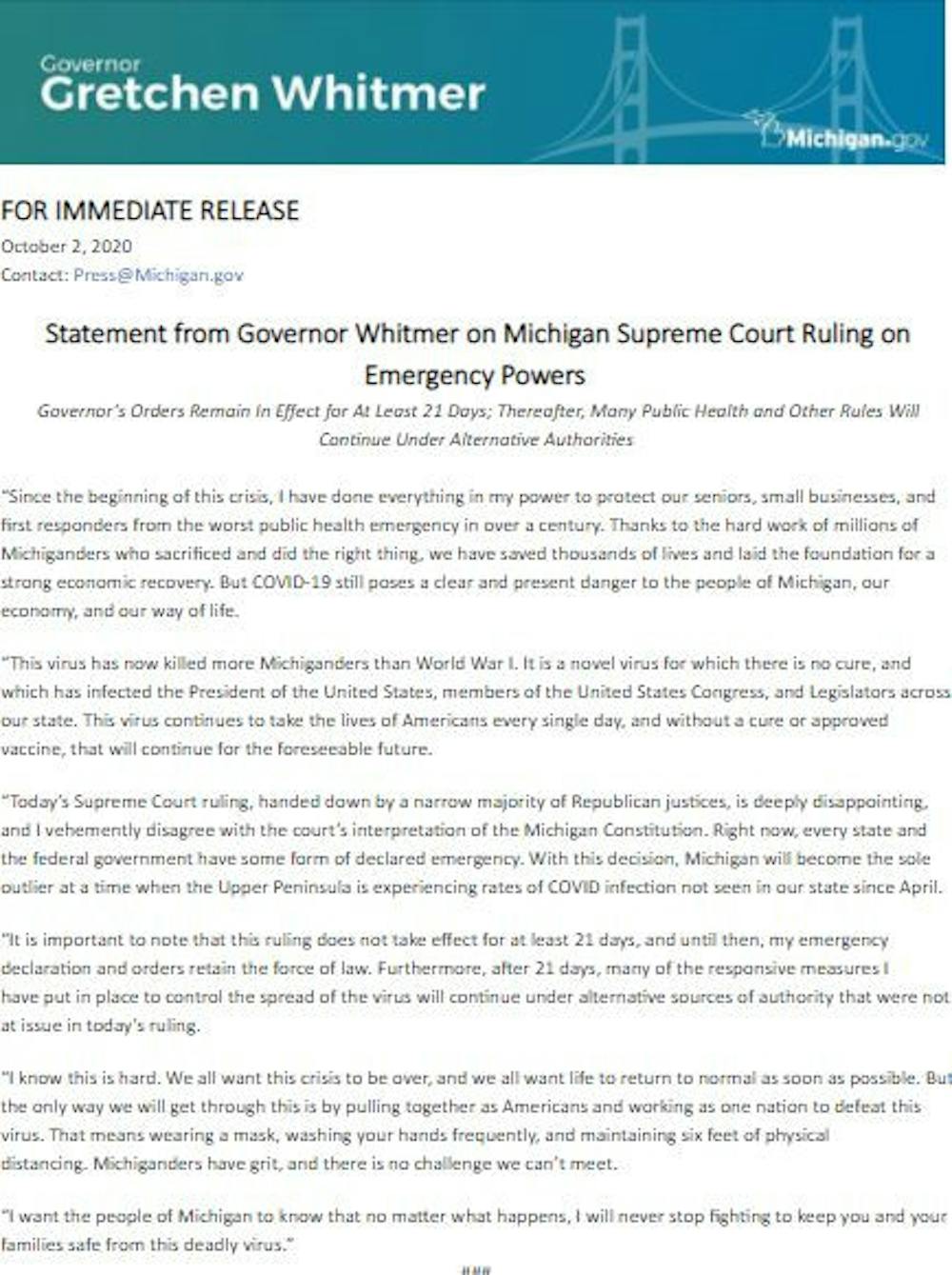 Michigan Supreme Court Rules Against Gov Whitmer S Covid 19 Orders The State News