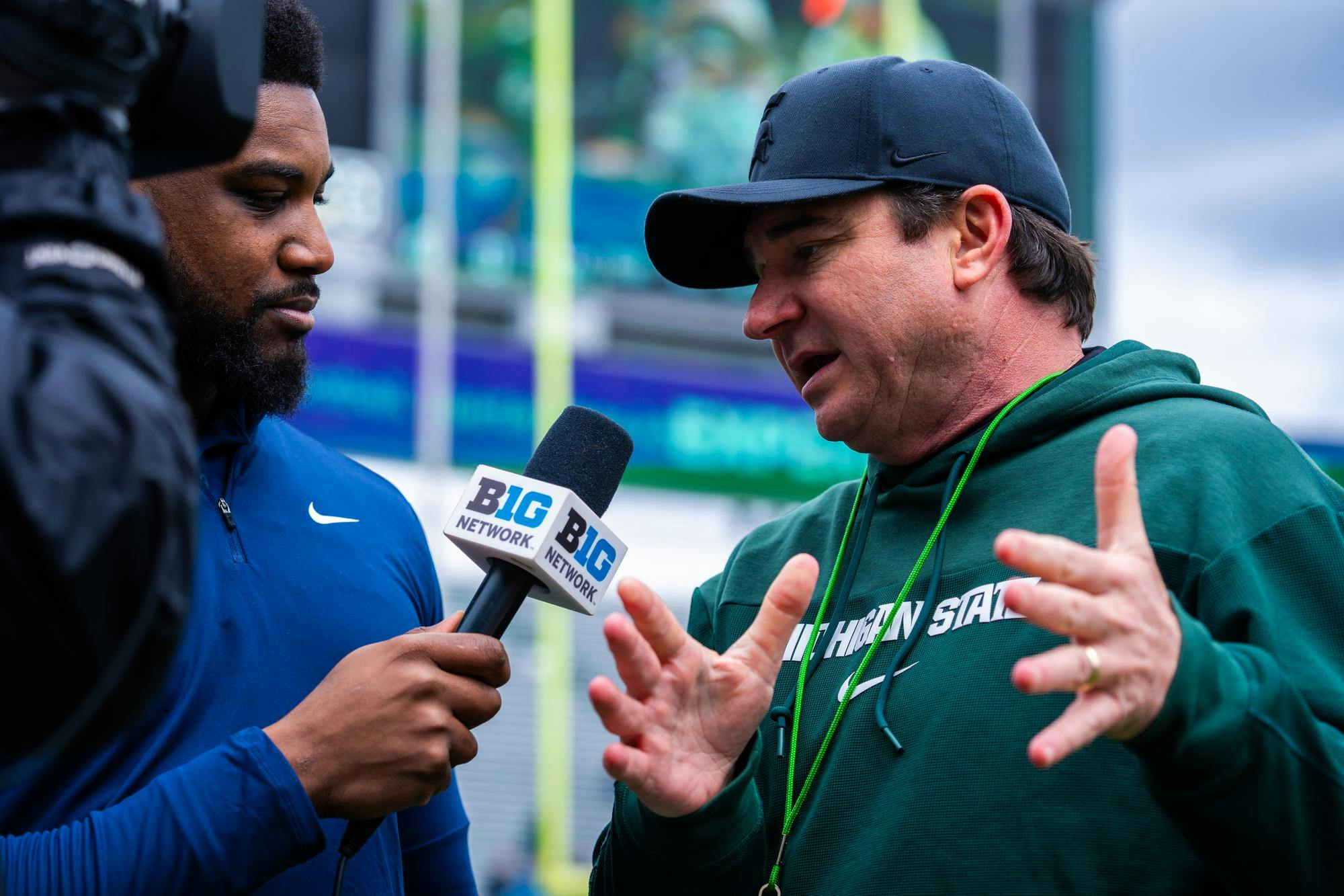 MSU football head coach Jonathan Smith interviews with a Big Ten Network reporter during MSU football’s 2024 Spring Showcase on April 20, 2024.