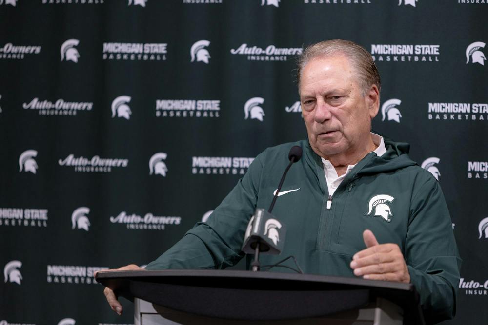 <p>Michigan State head men's basketball coach Tom Izzo answers a question during the first day of practice press conference at the Breslin Center in East Lansing, Mich., on Tuesday, Sept. 22, 2026.</p>