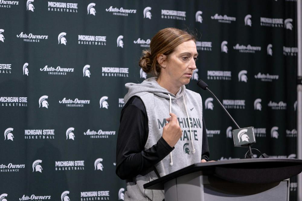 <p>Michigan State head women's basketball coach Robyn Fralick talks about her team during the first day of practice press conference at the Breslin Center in East Lansing, Mich., on Tuesday, Sept. 22, 2026. </p>