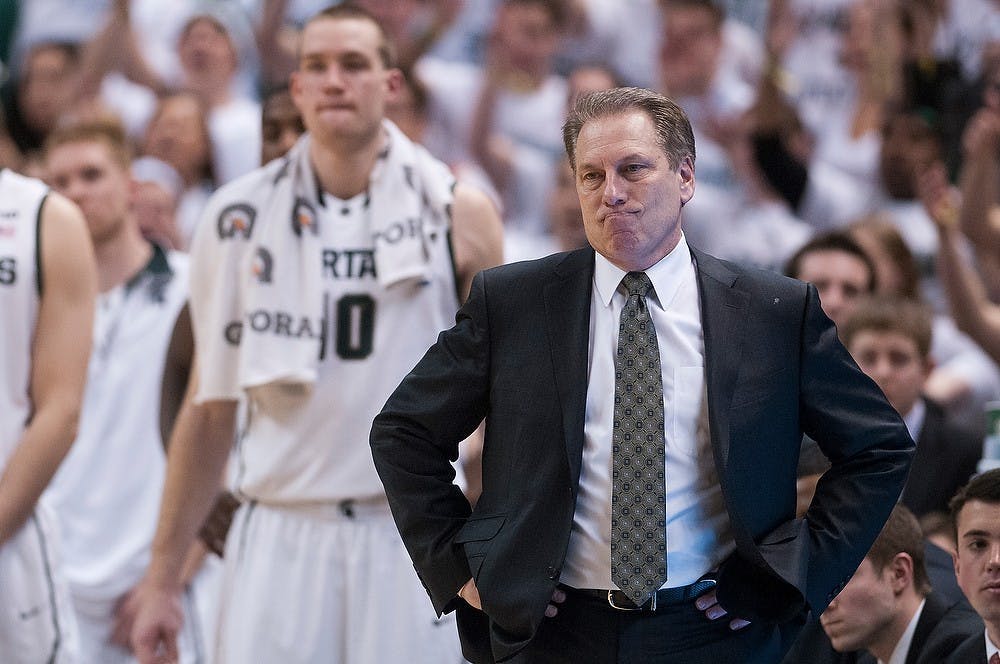 	<p>Head coach Tom Izzo reacts to a referee&#8217;s call in the second half of the game against Indiana on Feb. 19, 2013, at Breslin Center. The Hoosiers defeated the Spartans 72-68. Julia Nagy/The State News</p>