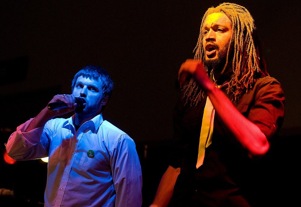 Jonny 5, left, and Brer Rabbit, emcees for the Flobots, perform on Oct. 10, 2009 for participants of Power Shift Michigan at the Lansing Center, 333 Michigan Ave. The three-day-long event featured community service projects, workshops and ended in a march to the capitol to make a statement about the economic, social and environmental needs of the state. State News File Photo