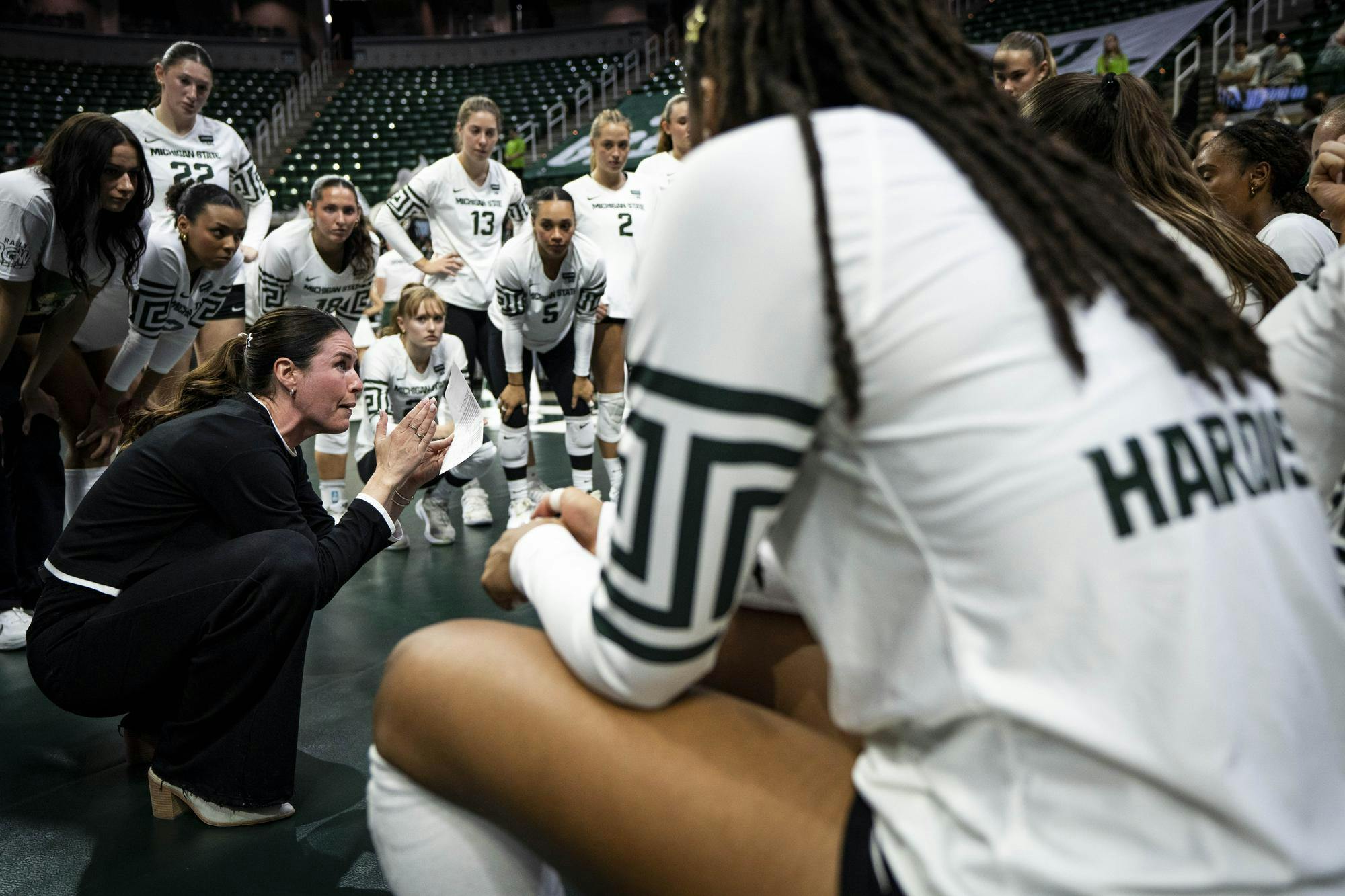 <p>Michigan State volleyball head coach Kristen Kelsay leads her team during a match at Breslin Center in East Lansing, Mich., on Friday, Sept. 25, 2026.</p>