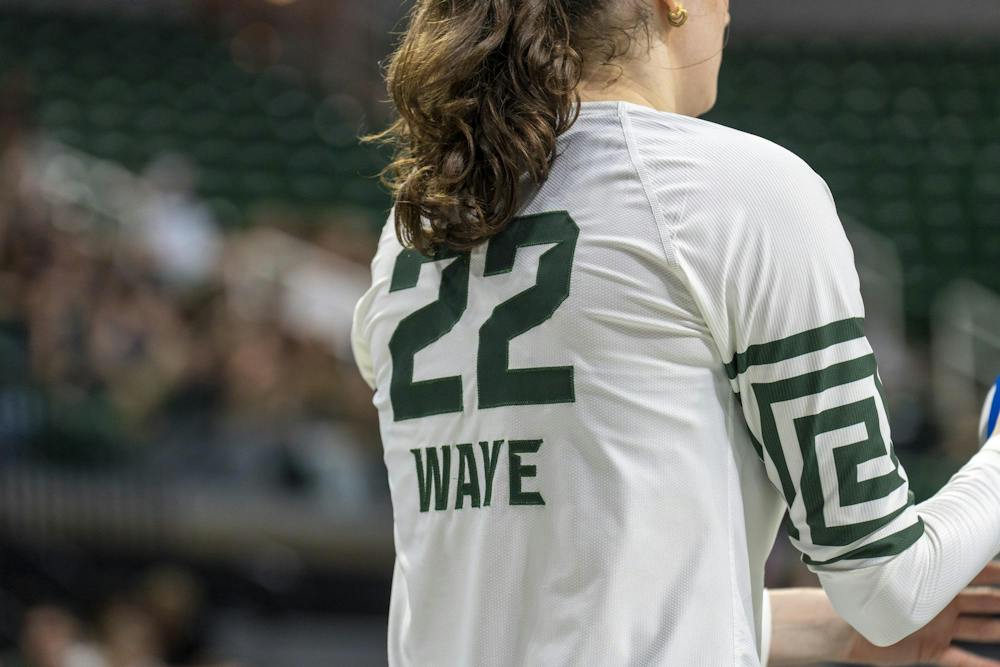 MSU Junior Carmen Waye getting in the zone to serve at the Breslin Center during the MSU v Pennstate Volleyball game In East Lansing, MI on Sunday Sep. 27th, 2026