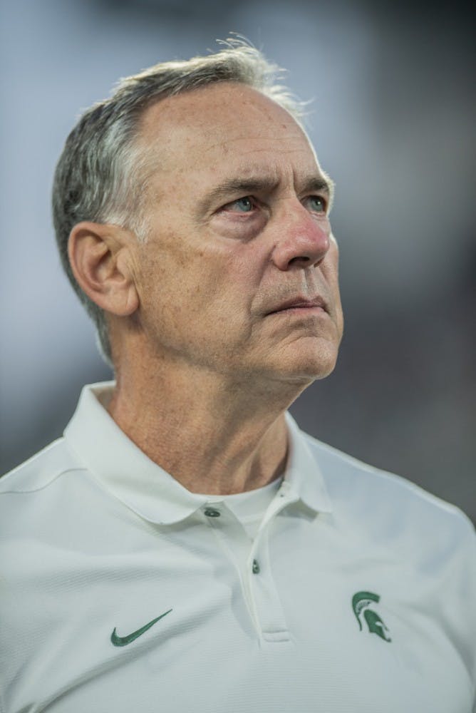 <p>Head Coach Mark Dantonio is honored for his 110 wins after the homecoming game against Indiana on Sept. 28, 2019 at Spartan Stadium. The Spartans beat the Hoosiers, 40-31.</p>