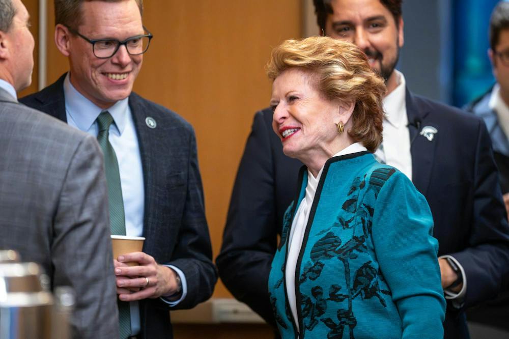 <p>Former U.S. Sen. Debbie Stabenow speaks with community members before the Stuckman Lecture Series at the Kellogg Center in East Lansing, Mich., on Wednesday, Sept. 23, 2026.</p>