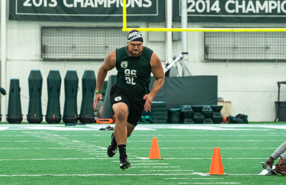 <p>Michigan State redshirt senior Jacub Panasiuk dominating the 3 cone drill, on Mar. 16, 2022 at the Duffy Daugherty Indoor Football Building.</p>