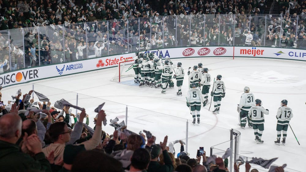 <p>Spartan players celebrating their victory against Ohio State University at Munn Ice Arena on March 16, 2024. Michigan State University won the game 2-1, advancing them to the final round of the Big Ten Tournament.</p>