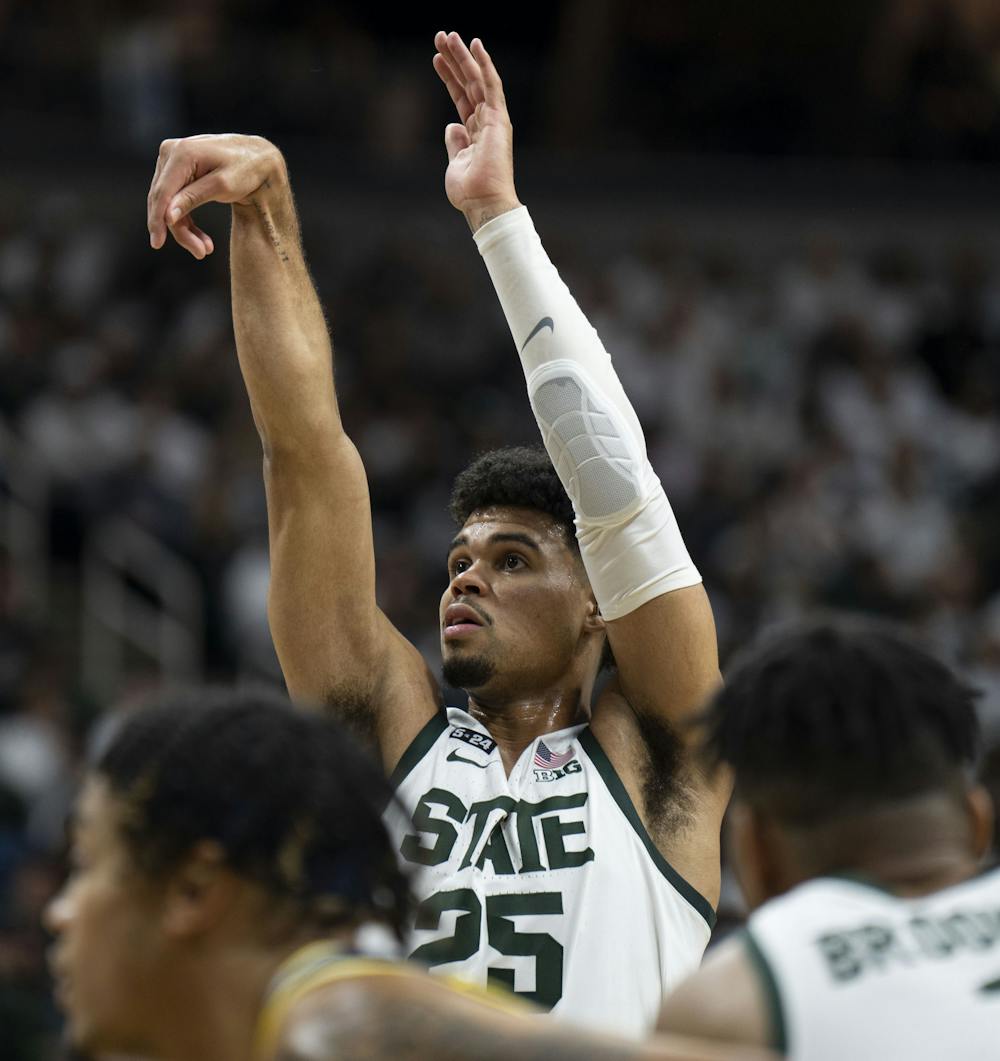 <p>Senior forward Malik Hall (25) shoots a free-throw after almost getting injured during Michigan State’s game against Michigan on Saturday, Jan. 7, 2023 at the Breslin Center. The Spartans ultimately beat the Wolverines, 59-53.</p>
