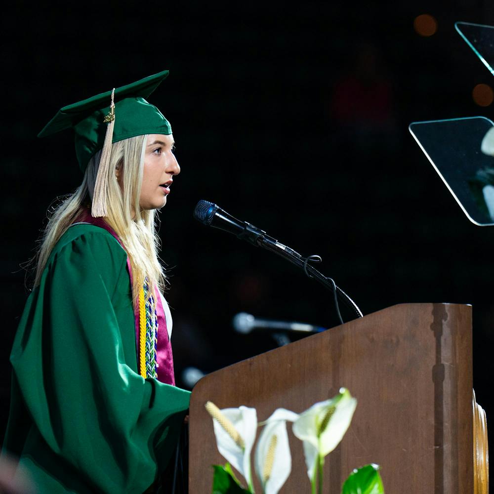 <p>MSU class of 2026 student speaker gives a speech at the class of 2026 convocation in East Lansing, Mich., on May 1, 2026.</p>