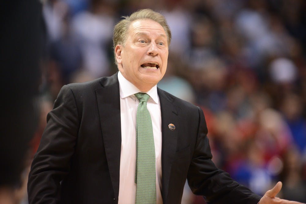 Head coach Tom Izzo reacts during the game against Middle Tennessee State University on March 18, 2016 at Scottrade Center in St. Louis, Mo. The Spartans defeated Raiders, 90-81.