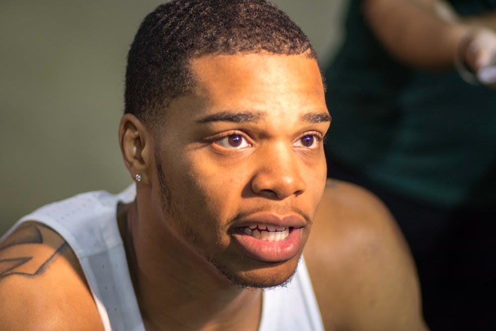 Sophomore forward Miles Bridges (22) talks to reporters on media day on Oct 11, 2017, at Breslin Center. Bridges led the team in scoring last year as a freshman.