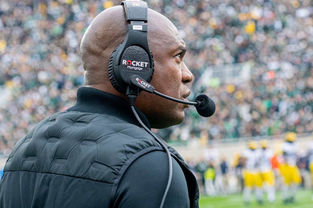 <p>Head coach Mel Tucker watches the field during the Spartans&#x27; 37-33 win against the Wolverines on Oct. 30, 2021.</p>