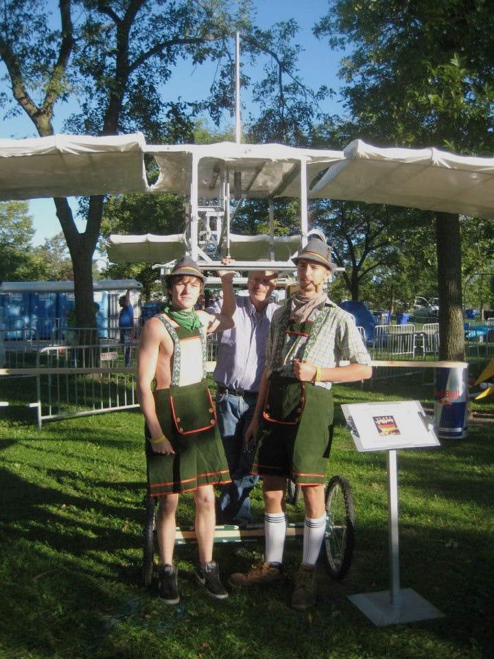 Team Drachenflieger members from left, philosophy senior Thomas Siebert, alumnus Alex Stravch, and mechanical engineering senior David Gaunt stands on Friday, Sept. 7, 2012 by their creation for the Red Bull Flugtag Competition in Chicago. The competition required teams to build flying machines out of household materials and test their ability to fly. Courtesy Photo