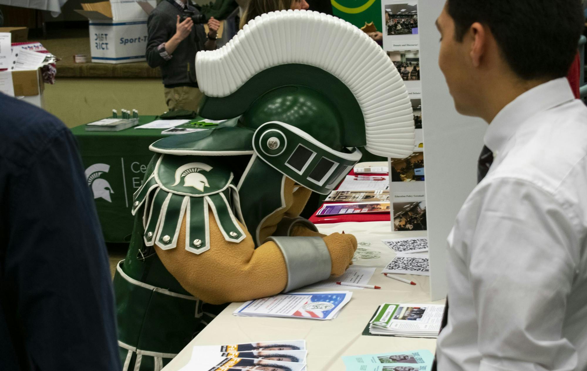 <p>Sparty attended the Absentea Party hosted on Feb. 11, 2020 in the Erickson Kiva, in which he danced with fellow students and faculty. </p>