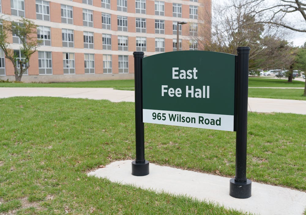 Sign outside of Fee Hall, on May 4, 2022.