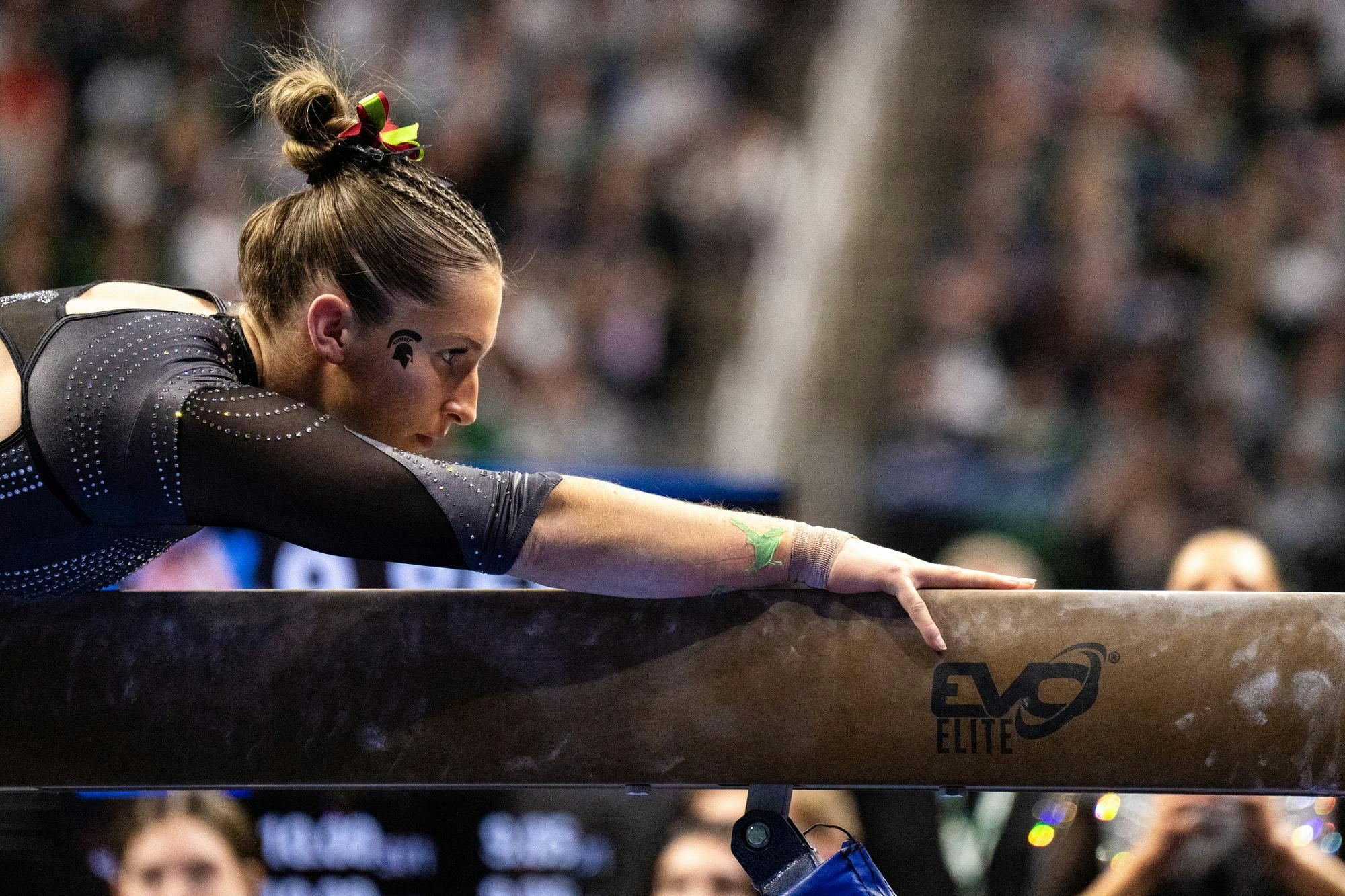 <p>Cady Duplessis on high beam during the Michigan State versus UCLA gymnastics meet at the Breslin Center in East Lansing, Michigan, on Sunday, Jan. 25, 2026.</p>