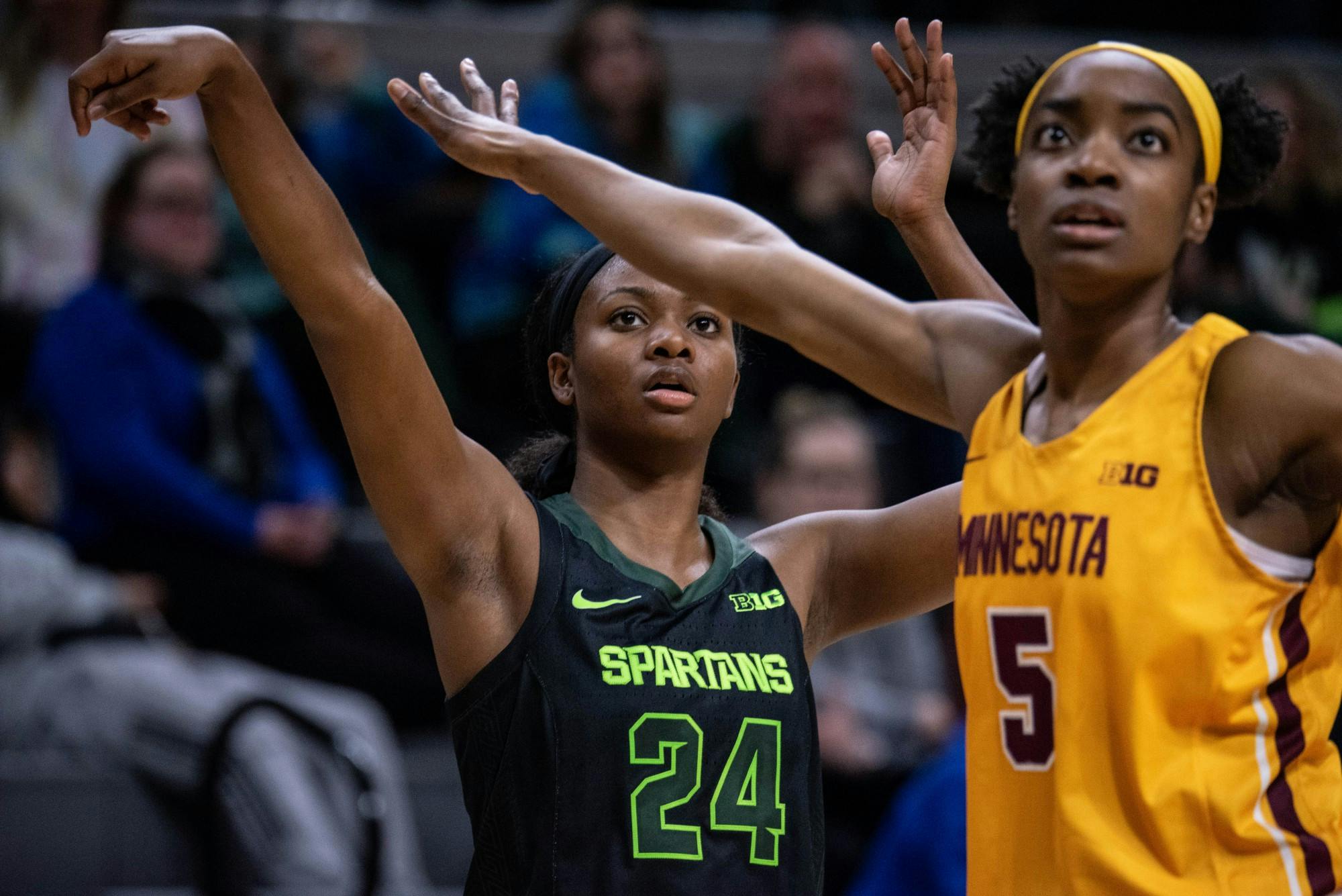 <p>Then-sophomore guard Nia Clouden (24) holds a follow-through during the game against Minnesota Feb. 17, 2020 at the Breslin Center. The Spartans defeated the Golden Gophers, 66-54.</p>