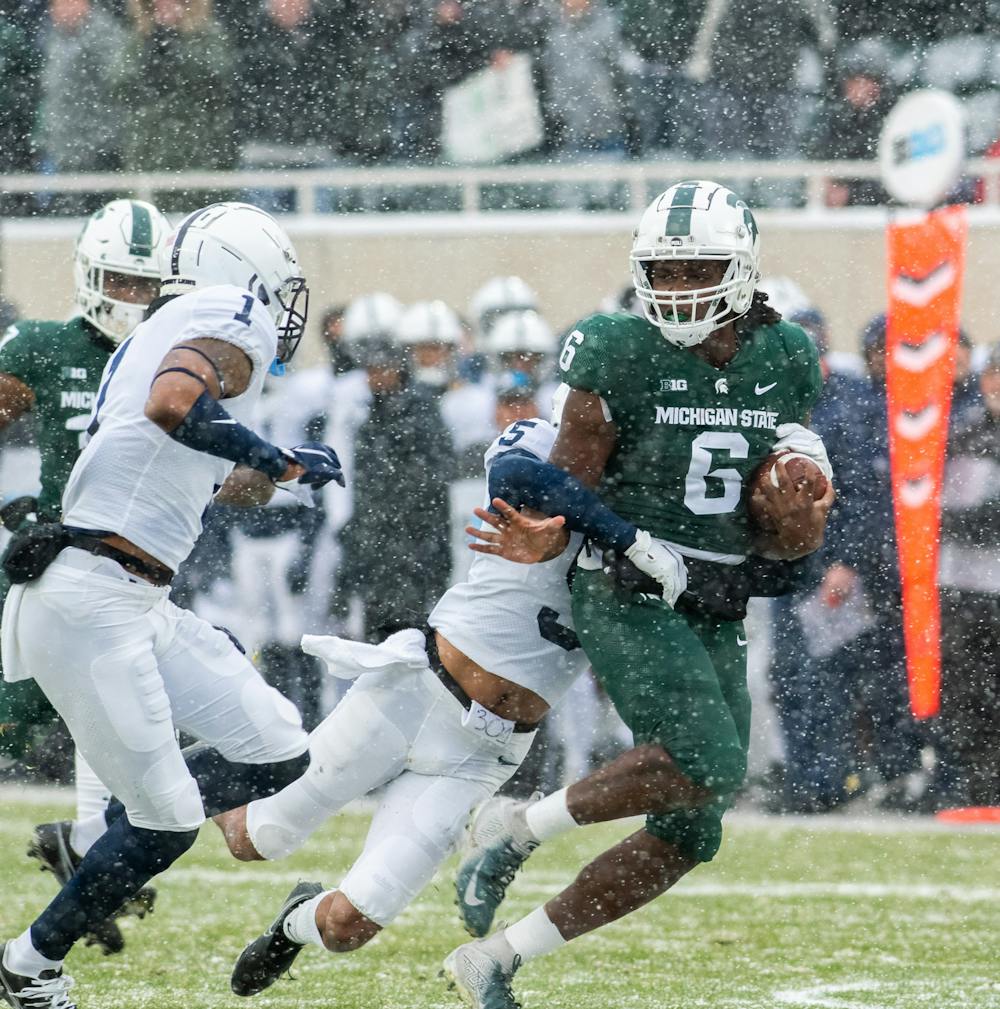 <p>Penn State attempts to tackle Michigan State&#x27;s redshirt freshman tight end Maliq Carr (6) on Nov. 27, 2021.</p>