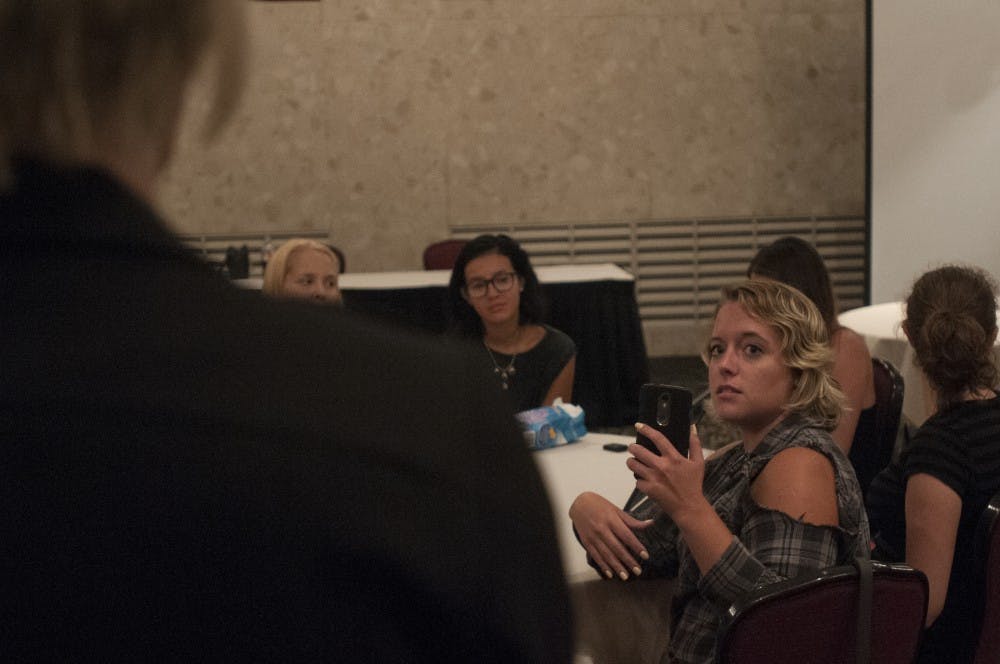 Zoology senior Alyse Maksimoski speaks during a forum on Sept. 6, 2016 in the MSU Union. The forum provided an avenue for students to voice their opinions about the closing of the women's study lounge.