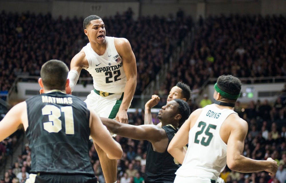 Freshman forward Miles Bridges (22) jumps for a shot during the second half of the men's basketball game against Purdue on Feb. 18, 2017 at Mackey Arena in Lafayette, Ind. The Spartans were defeated by the boilermakers, 80-63.