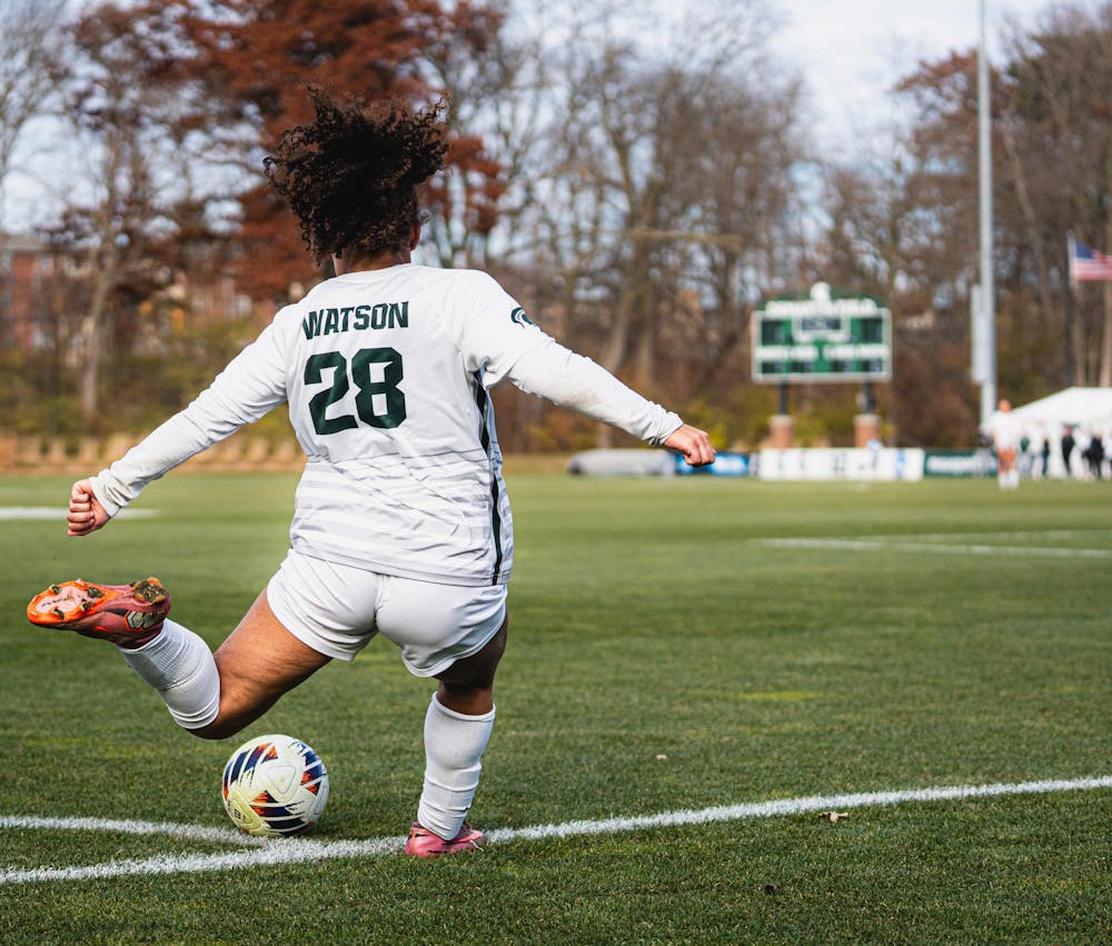 <p>MSU junior defender Rennee Watson (28) punts the ball from the corner at the DeMartin Soccer Stadium in East Lansing, MI, on Nov. 23, 2025.</p>