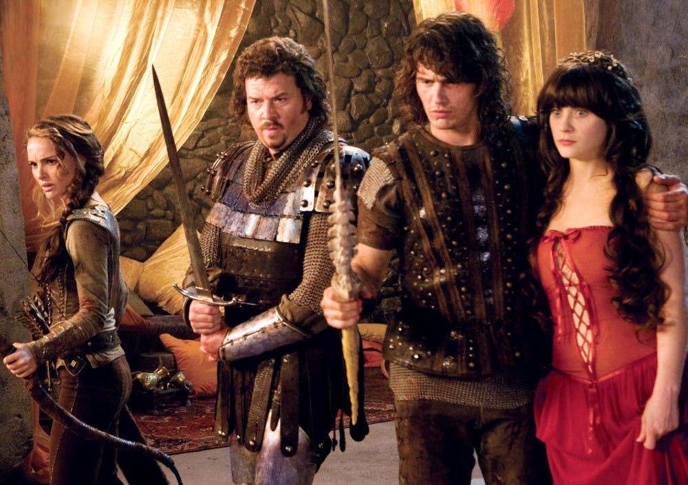 Isabel (Natalie Portman, from left) Thadeous (Danny McBride), Fabious (James Franco) and Belladonna (Zooey Deschanel) star in a comedy-adventure set in a fantastical world, &quot;Your Highness.&quot; (Frank Connor/Courtesy Universal Pictures/MCT)